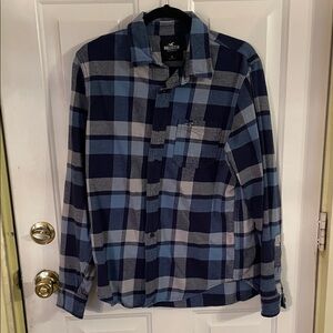Hollister Navy and Light Blue Plaid Shirt